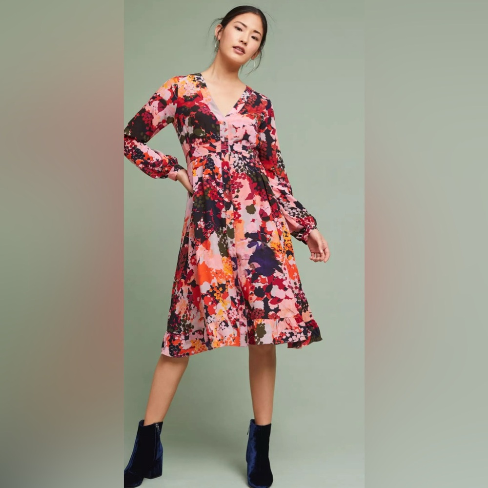 Anthropologie Silk Tie Floral Dress EUC Size 0